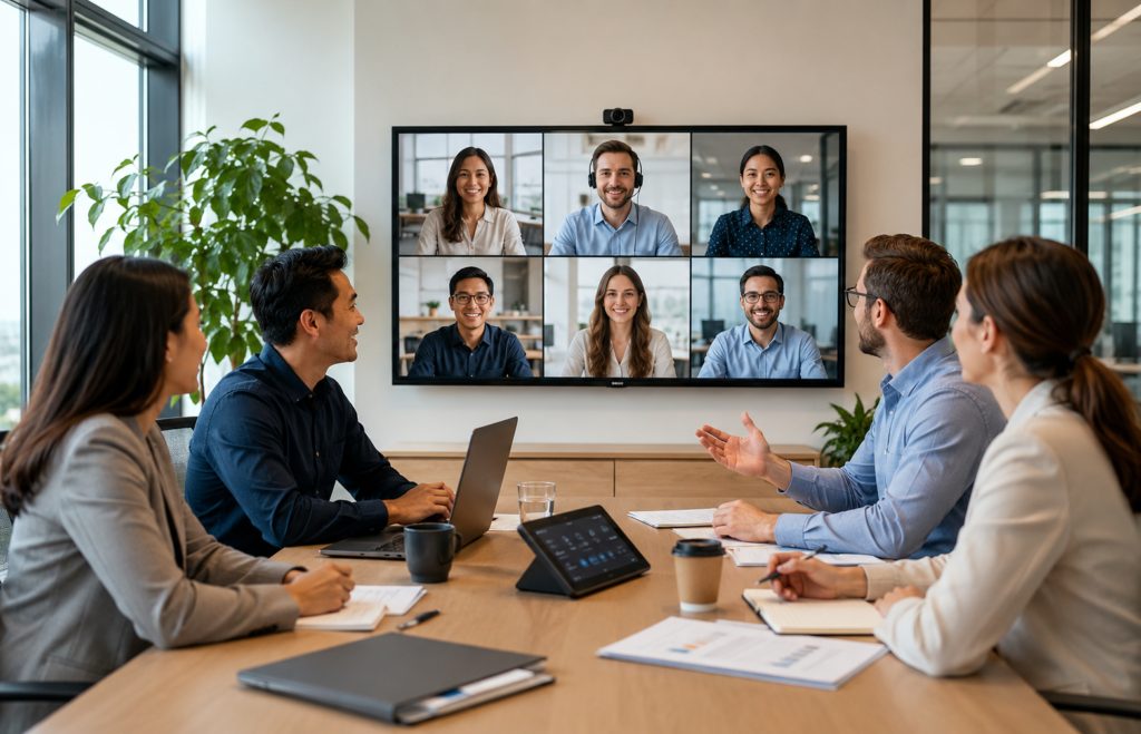 A distributed team meeting with remote colleagues on screen